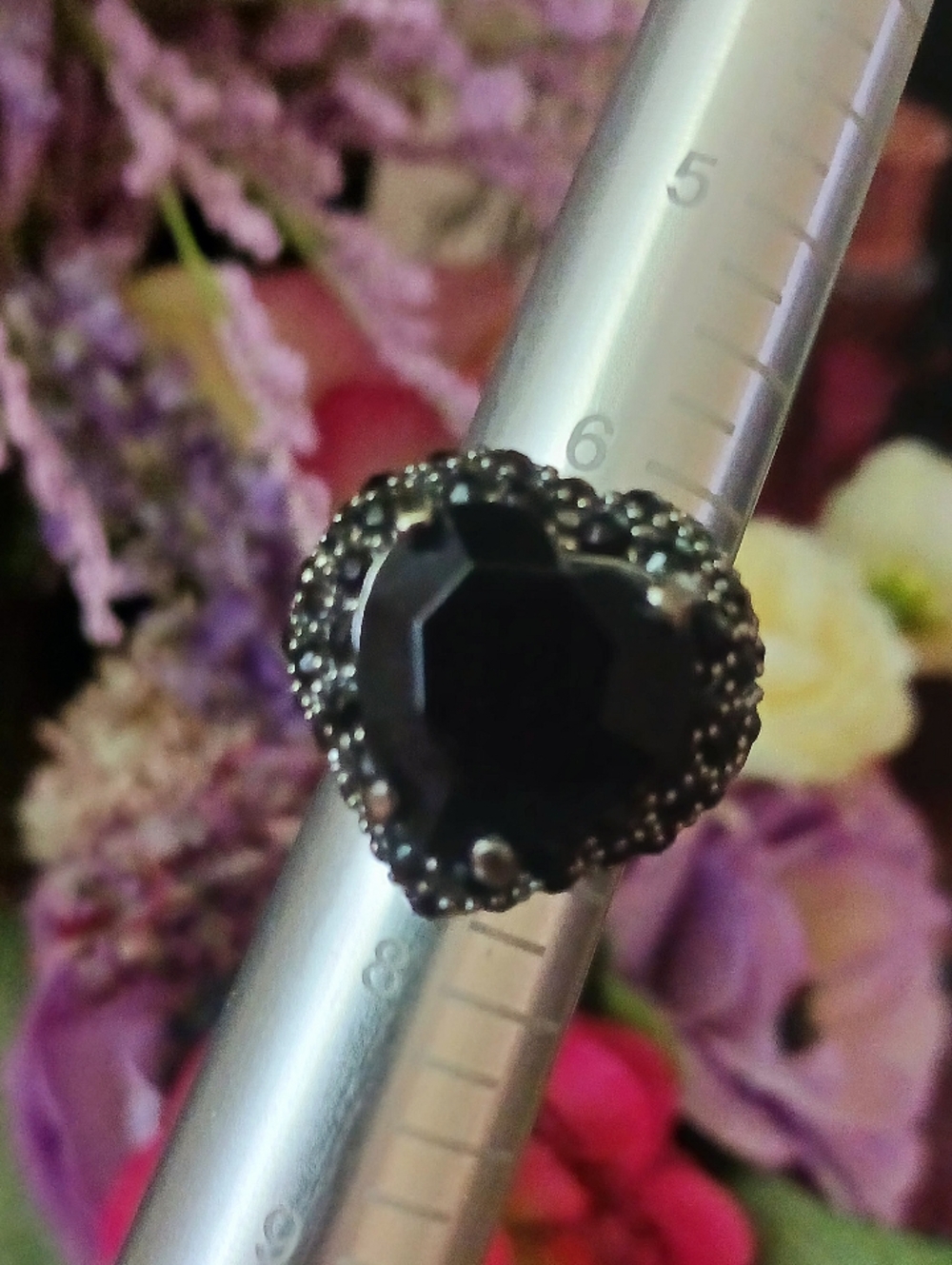 Black Raised Heart Ring w/Black Crystals, Size 7